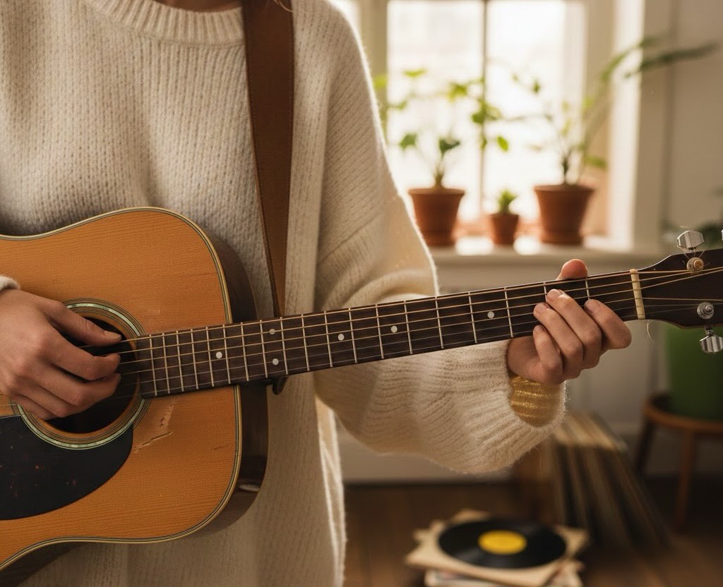 Student learning guitar techniques