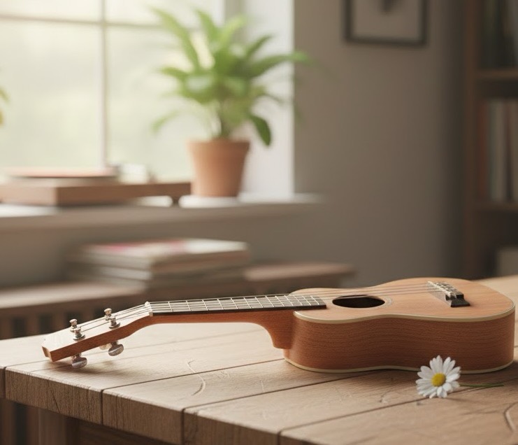 Student playing ukulele and smiling